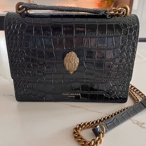 Kurt Geiger Black Croc-Embossed Crossbody Bag with Gold Chain